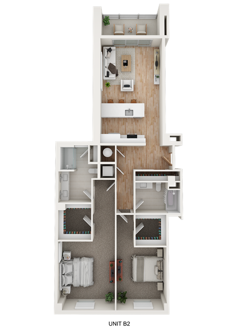 Floor plan for 2 beds, 2 baths, 1290 sqft